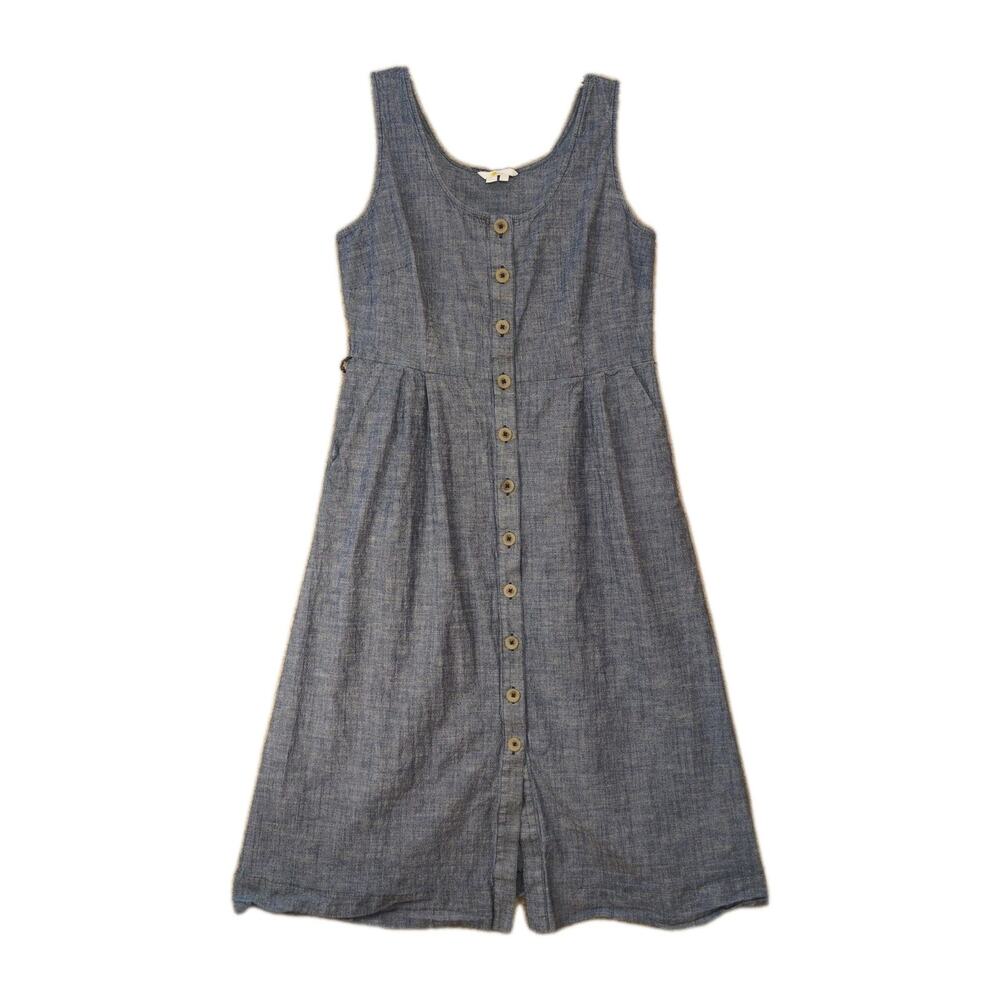 Boden Chambray Cotton Midi Dress 14R Sleeveless Button Front Blue Pockets